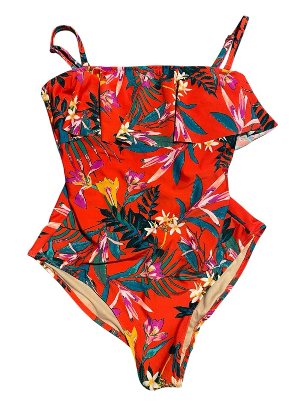 Old Navy Swimsuit Orange Floral Ruffle Tropical One Piece Bathing Suit Size XL